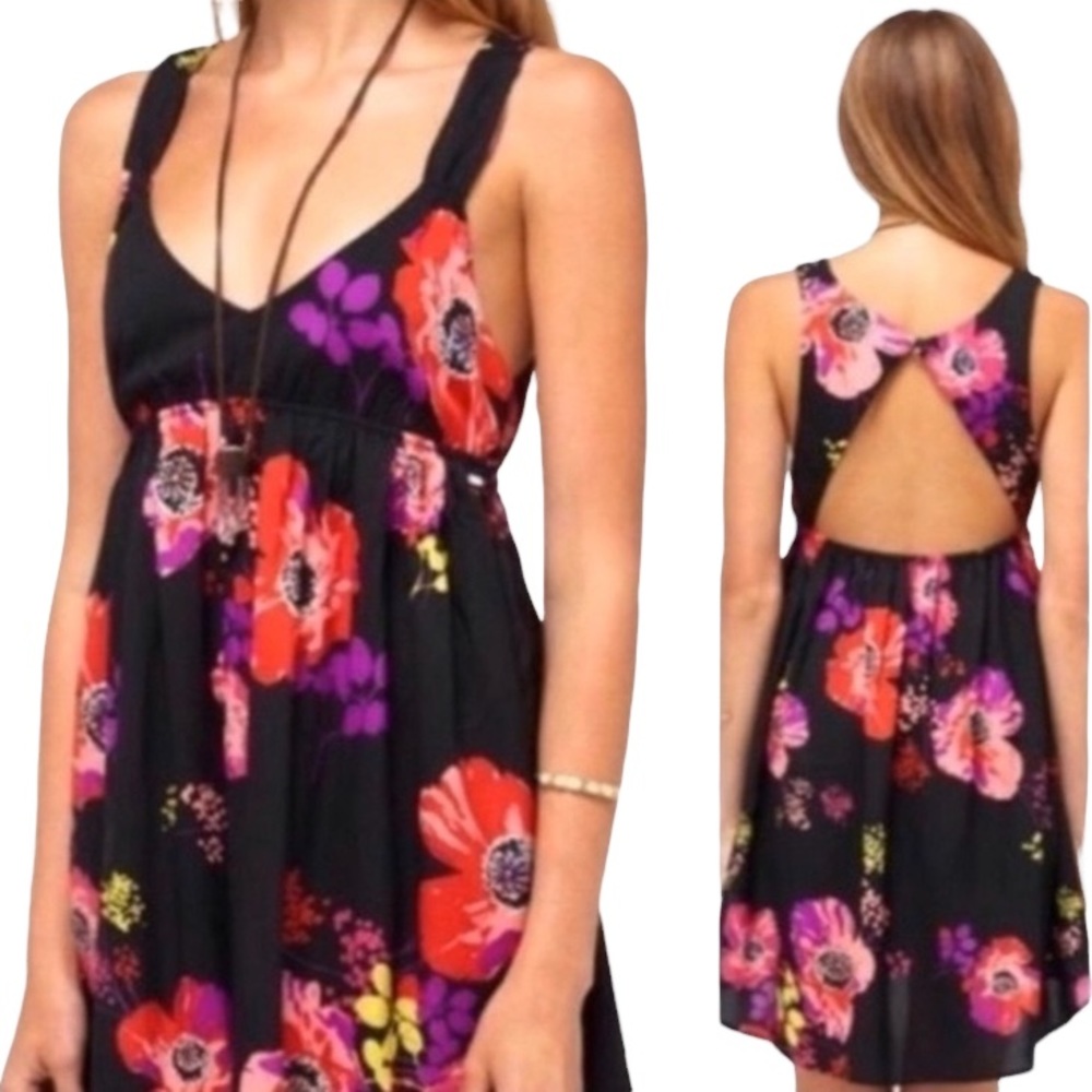 ROXY Love Seeker Black & Pink Floral Sweetheart Mini High-Low Cutout Dress